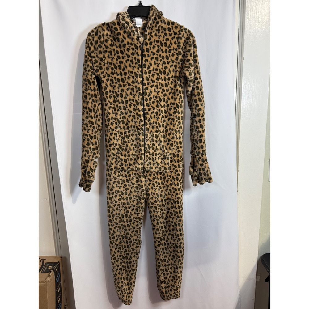Kids Leopard Print Fleece Hooded Jumpsuit Animal Costume Pajamas Brown Size 9-10